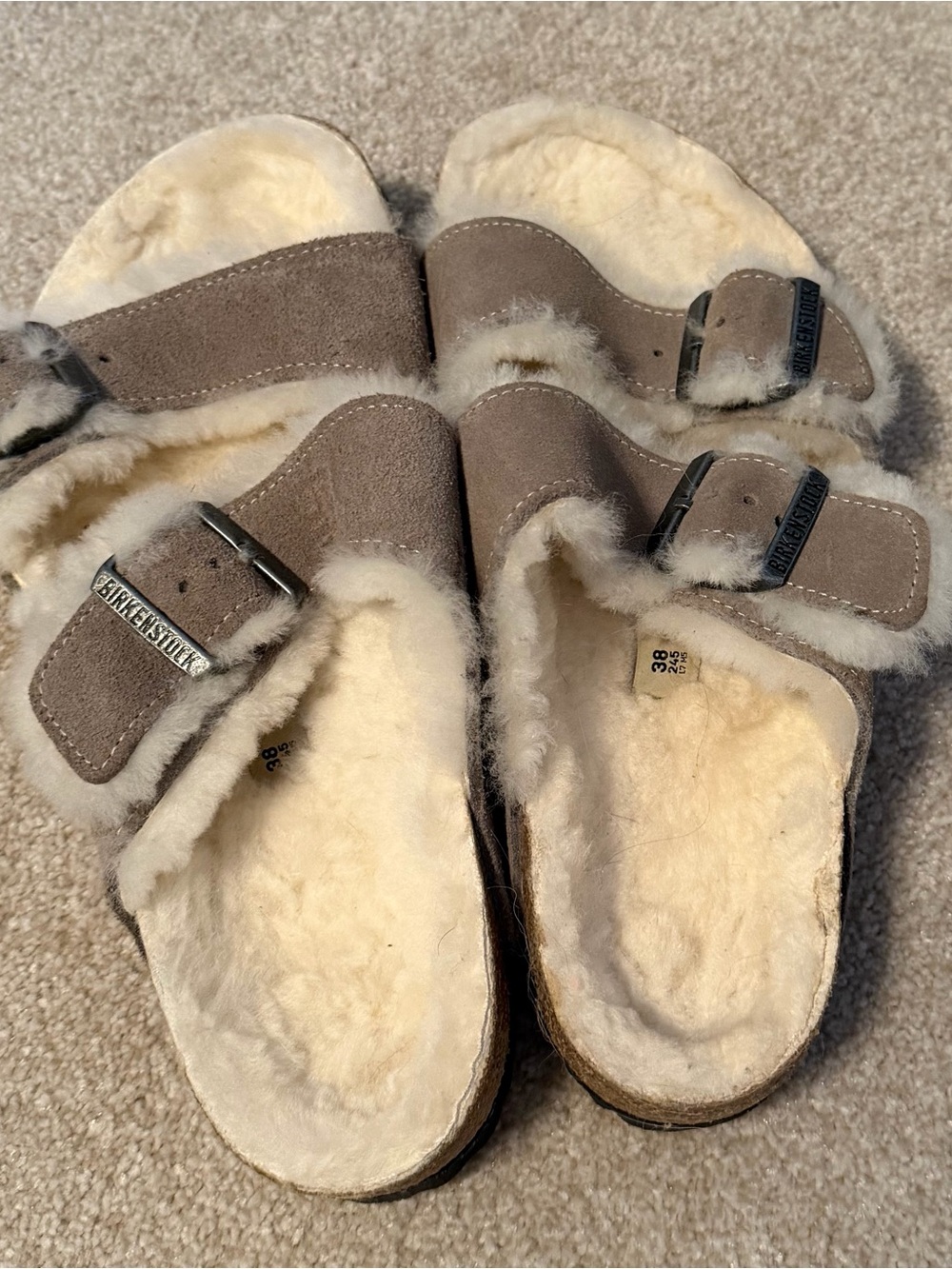 Birkenstock Taupe Suede Shearling-Trim Arizona Mules